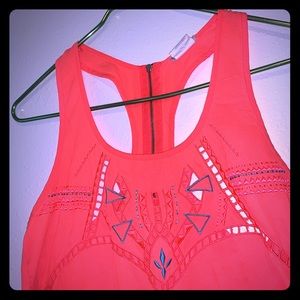 Embroidered cutout blue and neon orange tanktop